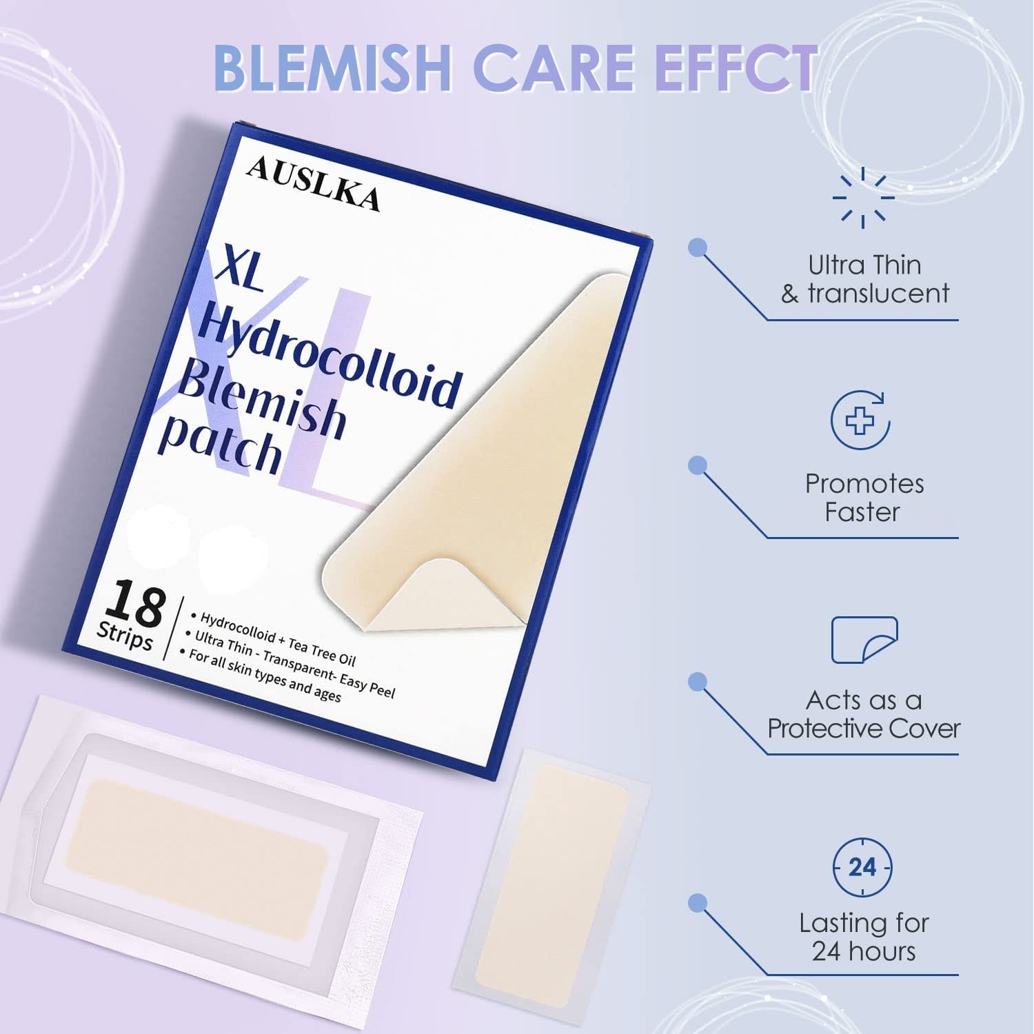 AUSLKA patch on cheek with edge-tampered design prevents roll up.