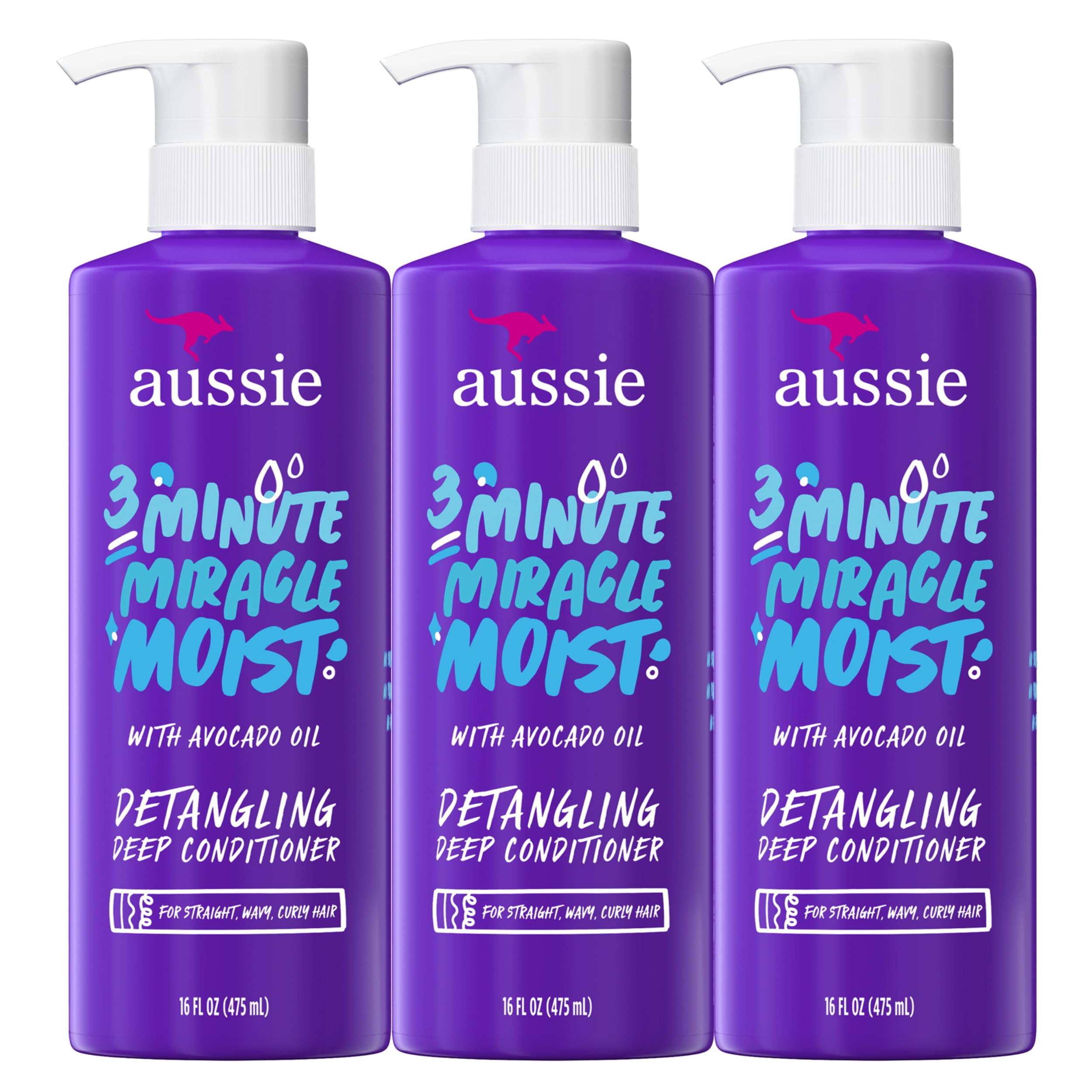 Aussie 3 Minute Miracle Moist Deep Conditioner triple pack bottles boost hydration.