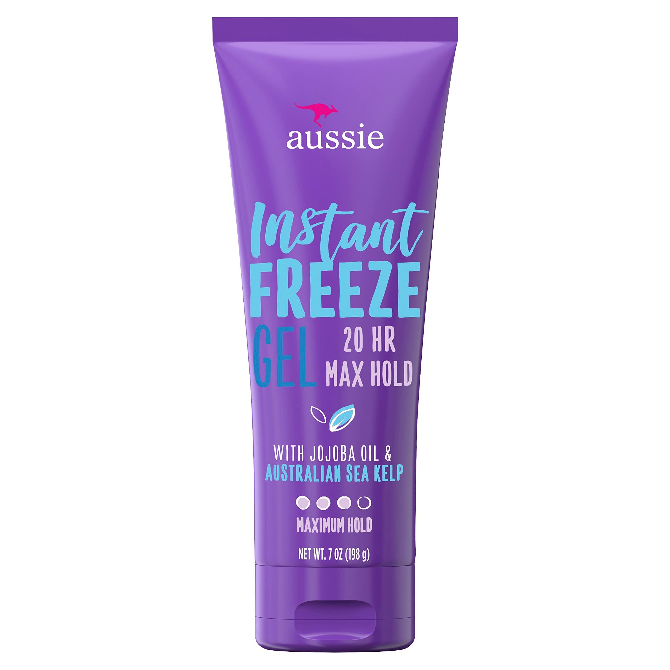 Aussie Instant Freeze Gel en bote, para fijación prolongada y estilo definido.