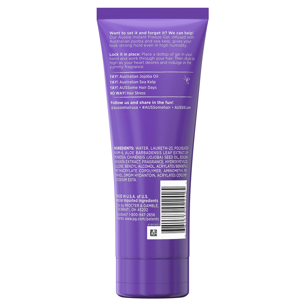 Etiqueta del Aussie Instant Freeze que resalta ingredientes clave y aroma cítrico marino.