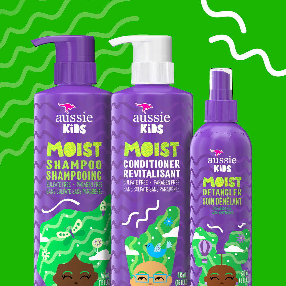 Acondicionador Aussie Kids, aroma tropical acompaña el cuidado diario.