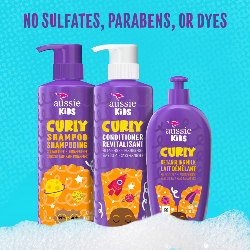 Aussie Kids curly conditioner bottle for detangling and softness.