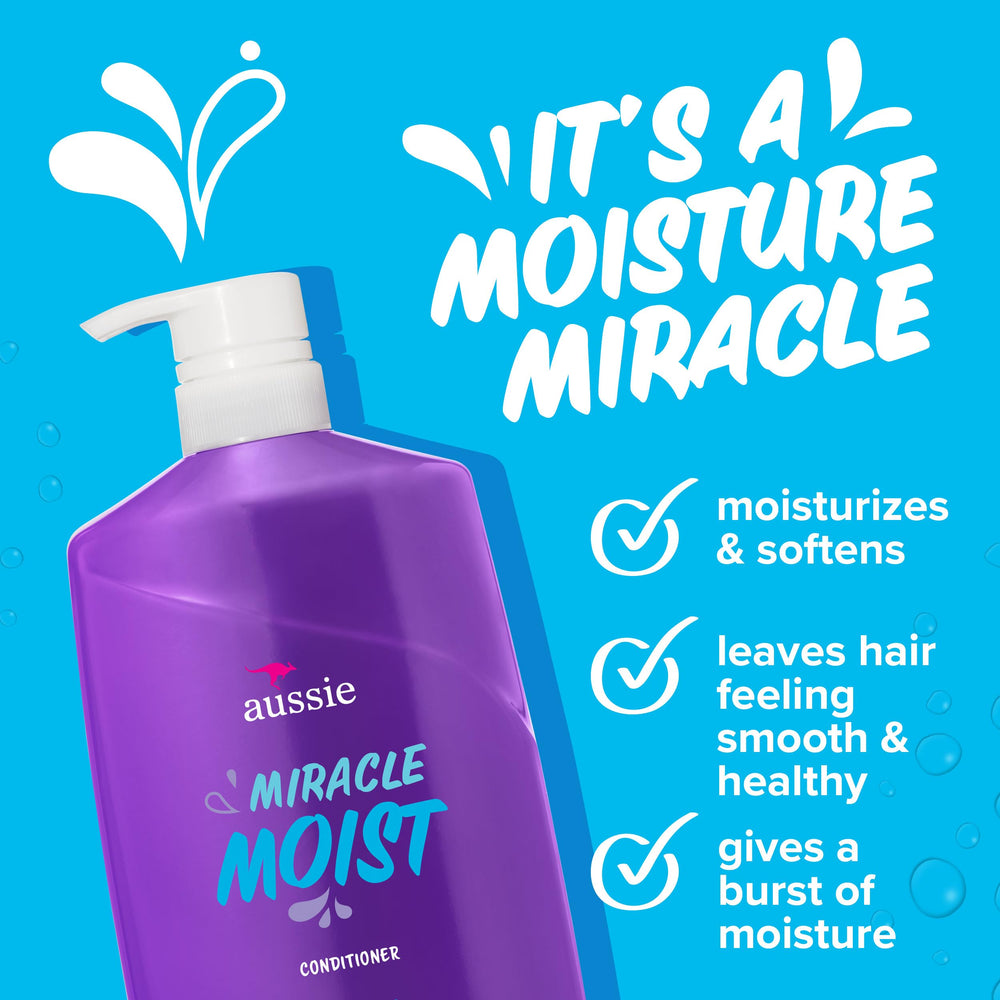 Aplicación suave con Aussie Miracle Moist después del champú para cabello más suave.