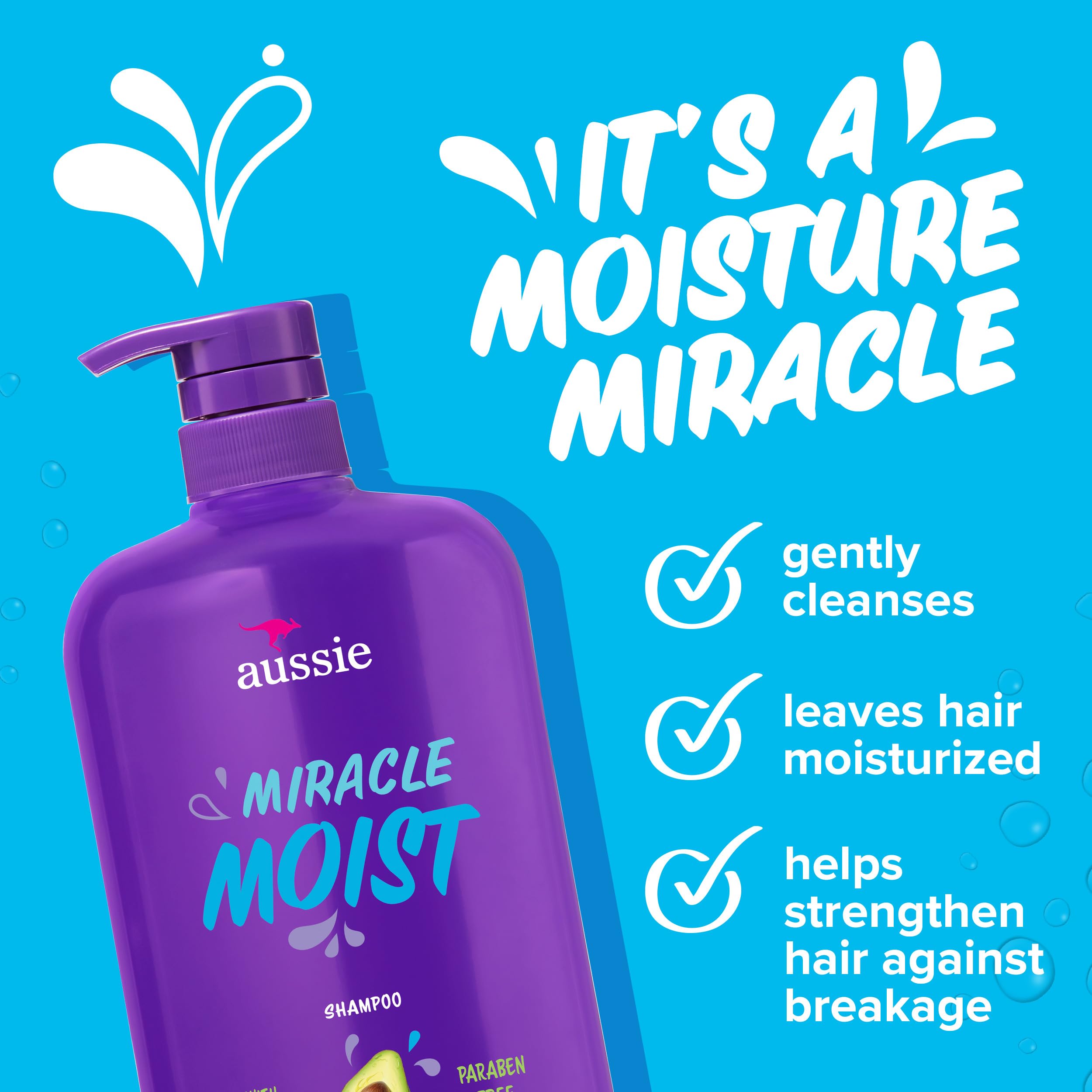 Aussie Miracle Moist Shampoo label close-up highlighting avocado and jojoba