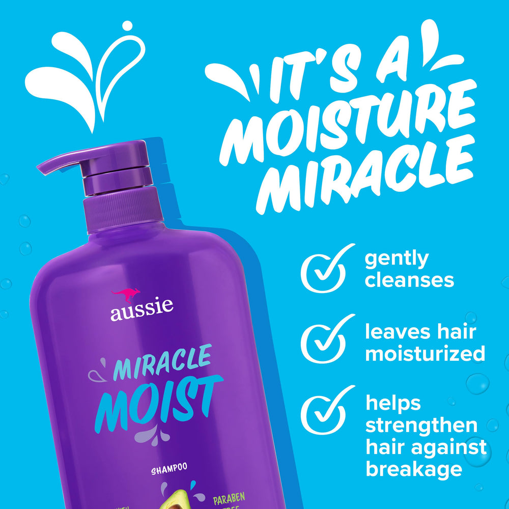 Aussie Miracle Moist Shampoo label close-up highlighting avocado and jojoba