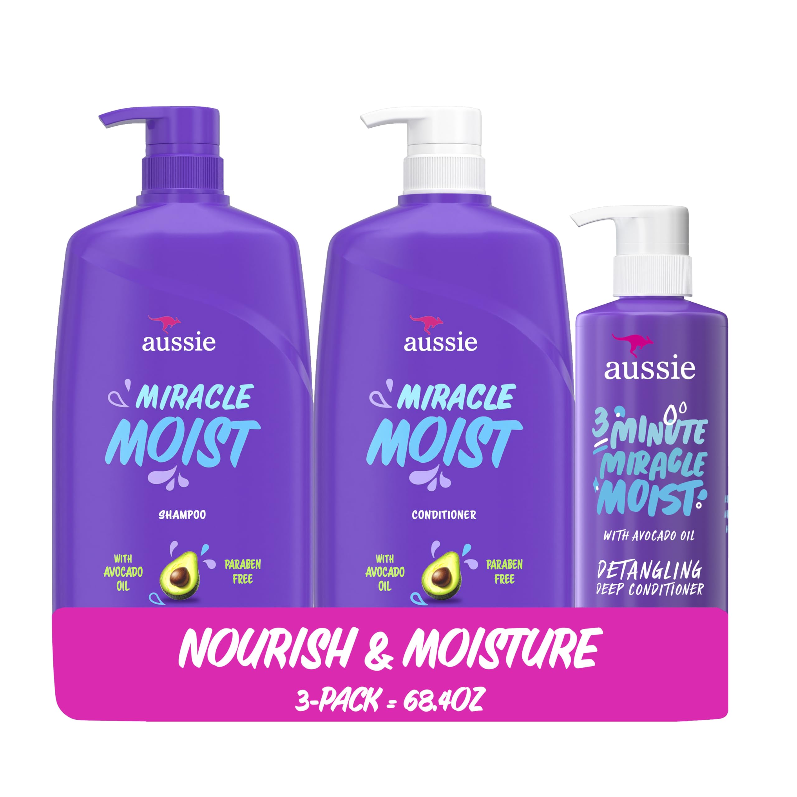 Aussie Miracle Moist shampoo bottle with citrus floral scent for smooth detangling.