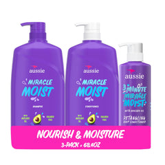 Aussie Miracle Moist shampoo bottle with citrus floral scent for smooth detangling.