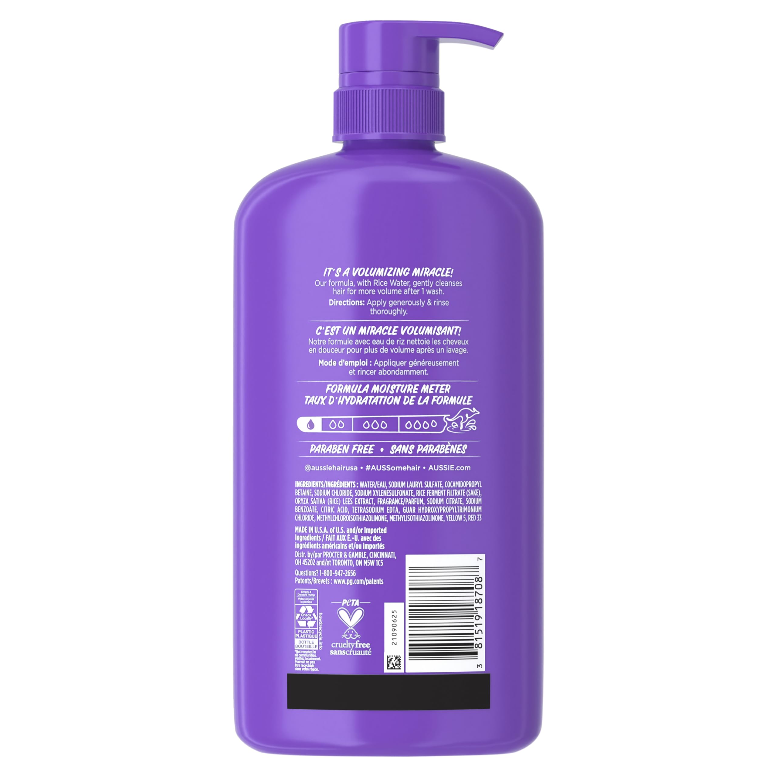 Bottle beside hair with visible shine and bounce after use