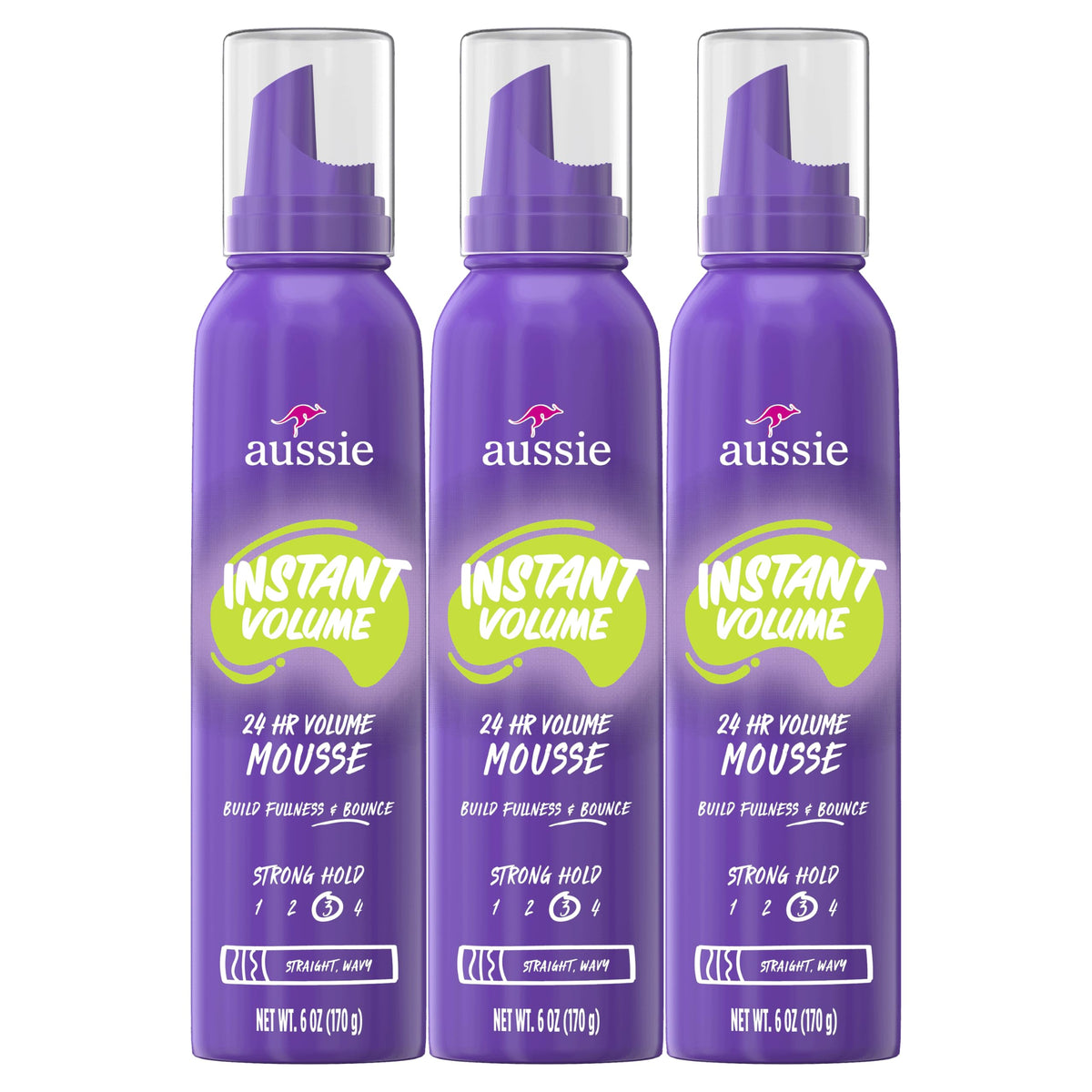 Aussie espuma de volumen Instantáneo, paquete triple para volumen duradero.