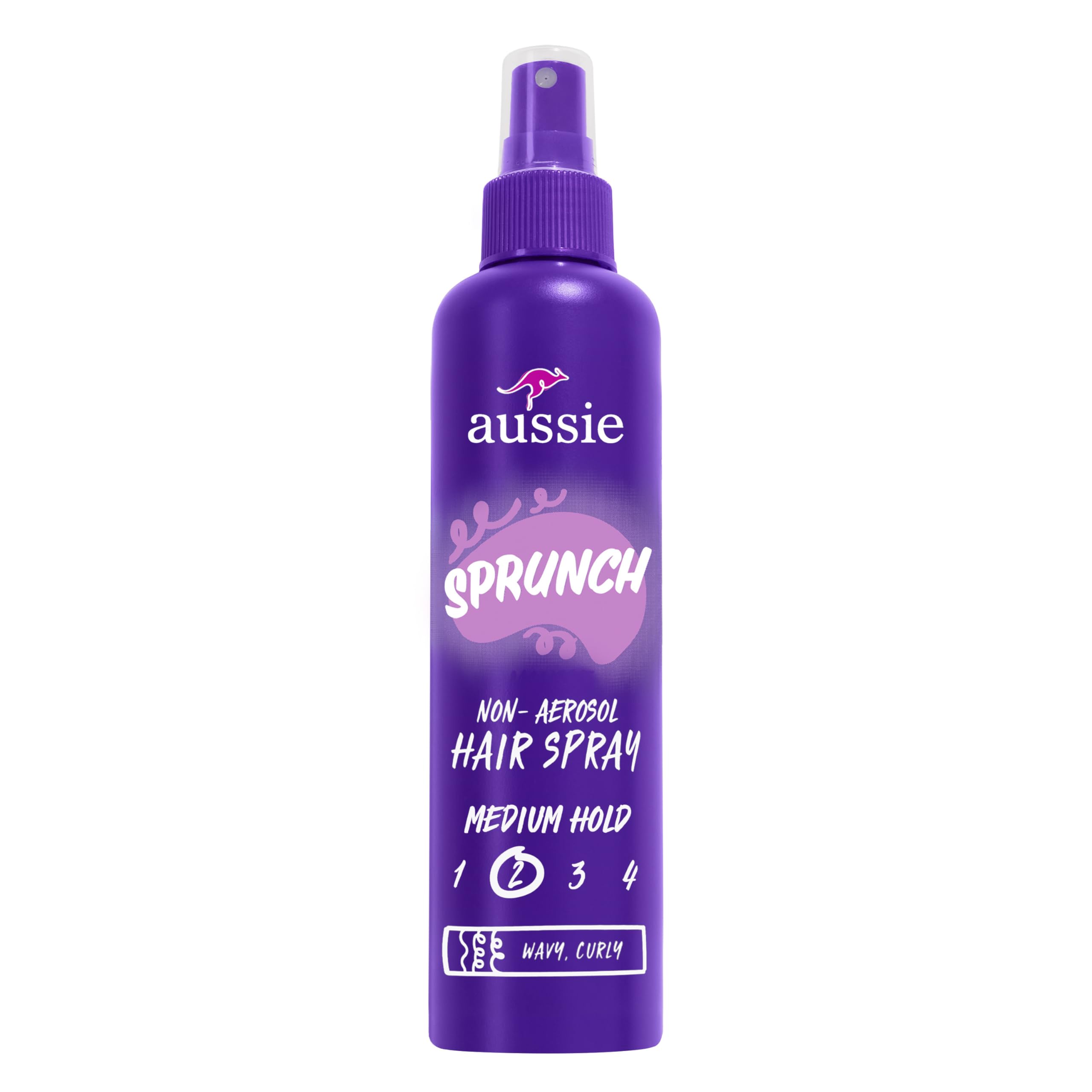 Aussie Sprunch hairspray bottle showing strong hold for curls
