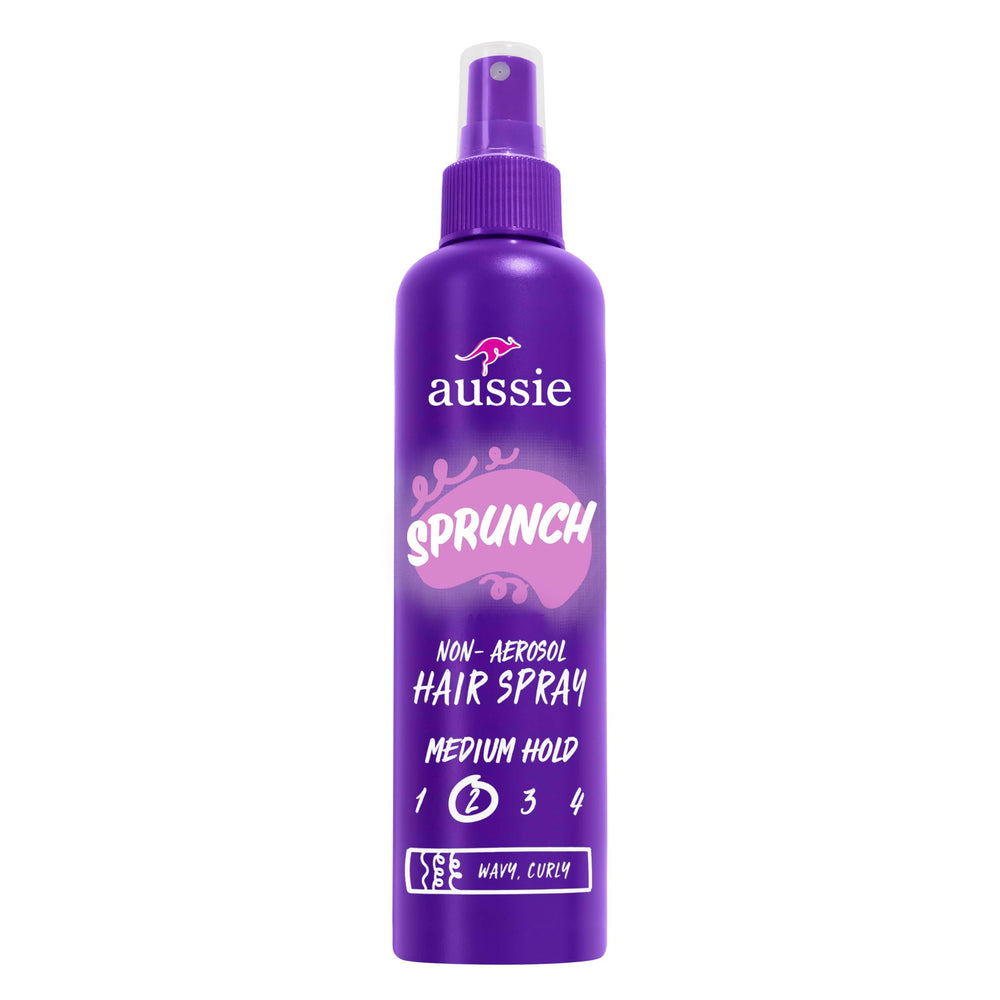 Aussie Sprunch hairspray bottle showing strong hold for curls