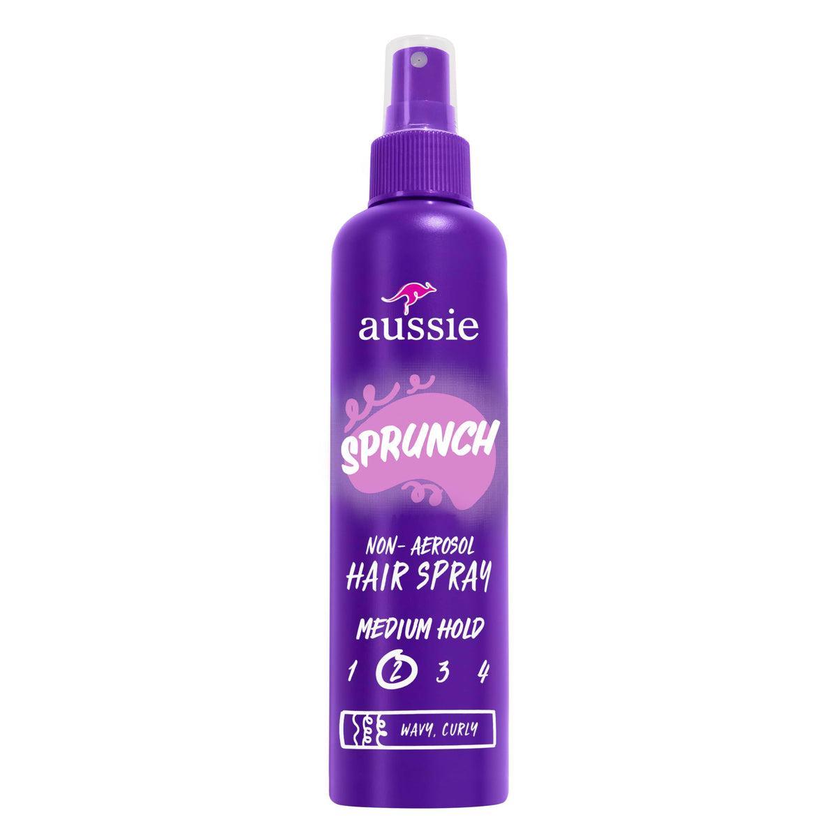 Aussie Sprunch hairspray bottle showing strong hold for curls