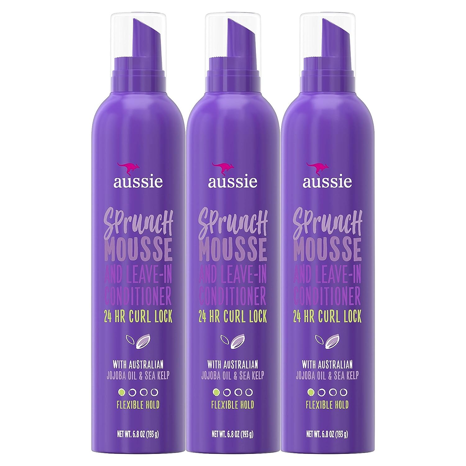Aussie Sprunch Mousse bottle showcasing flexible, long-lasting curl hold.