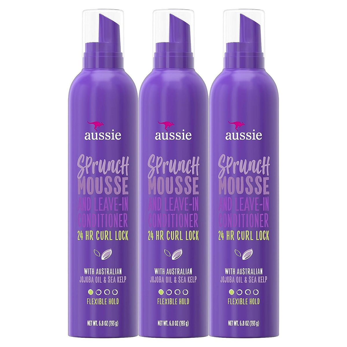 Aussie Sprunch Mousse bottle showcasing flexible, long-lasting curl hold.