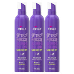 Aussie Sprunch Mousse bottle showcasing flexible, long-lasting curl hold.