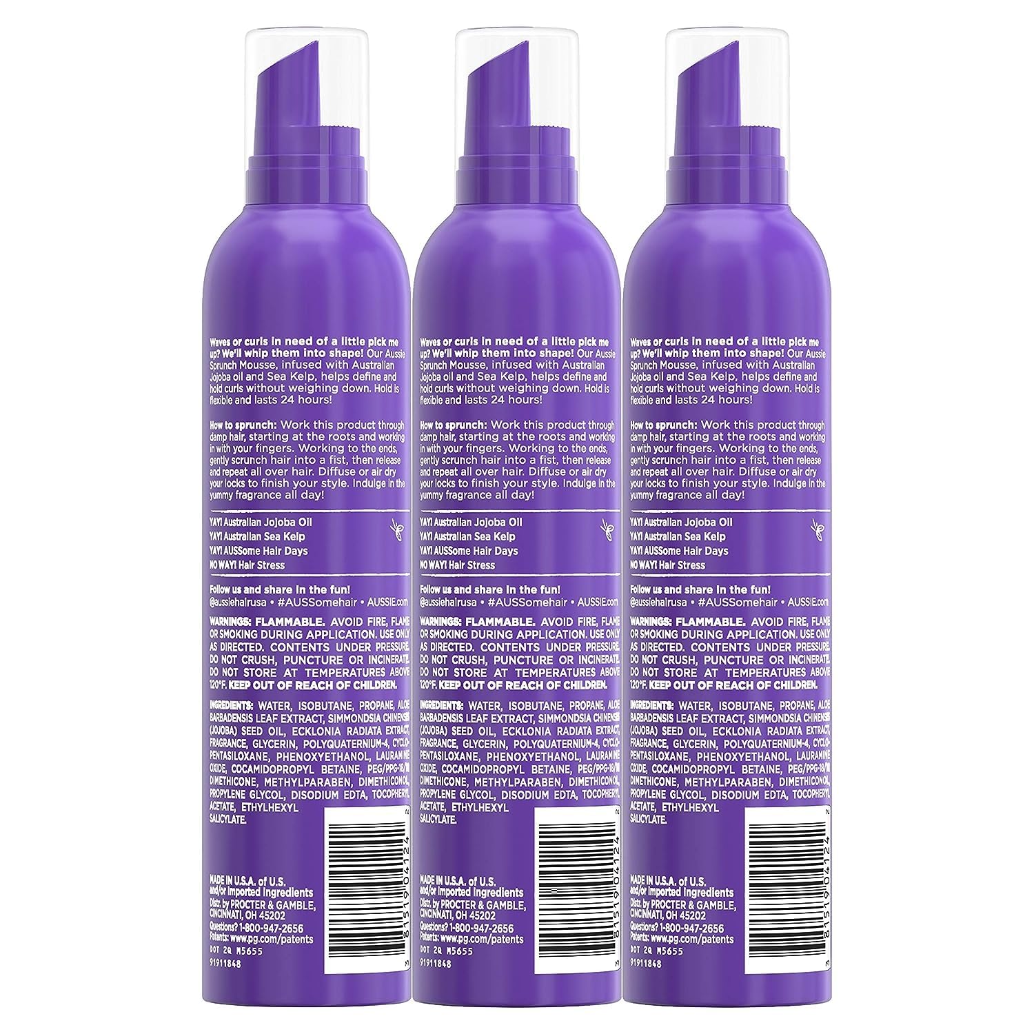 Hands applying Aussie Sprunch Mousse to damp curls for defined waves.