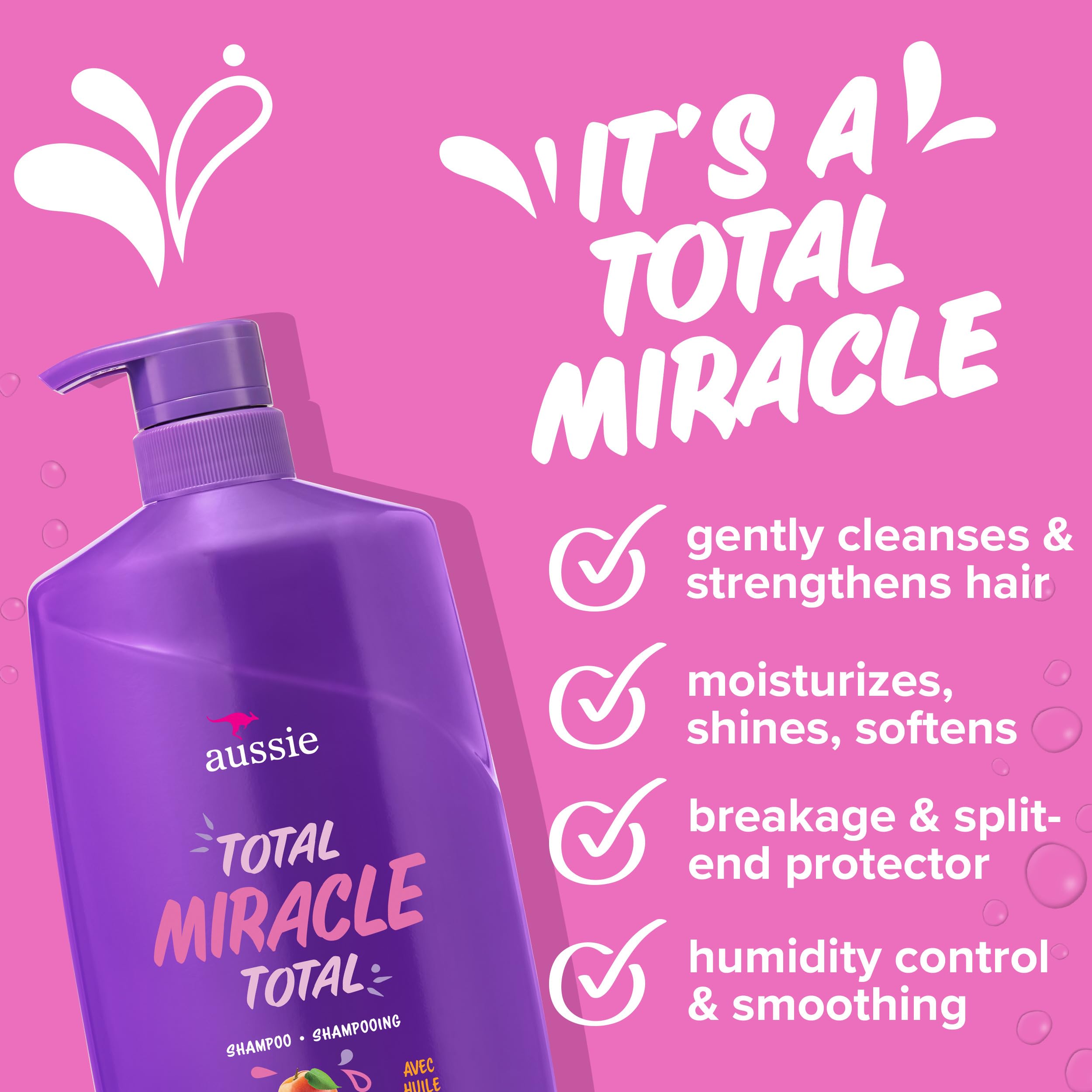 Aussie Total Miracle 7N1 Shampoo bottle close-up highlighting moisture and shine