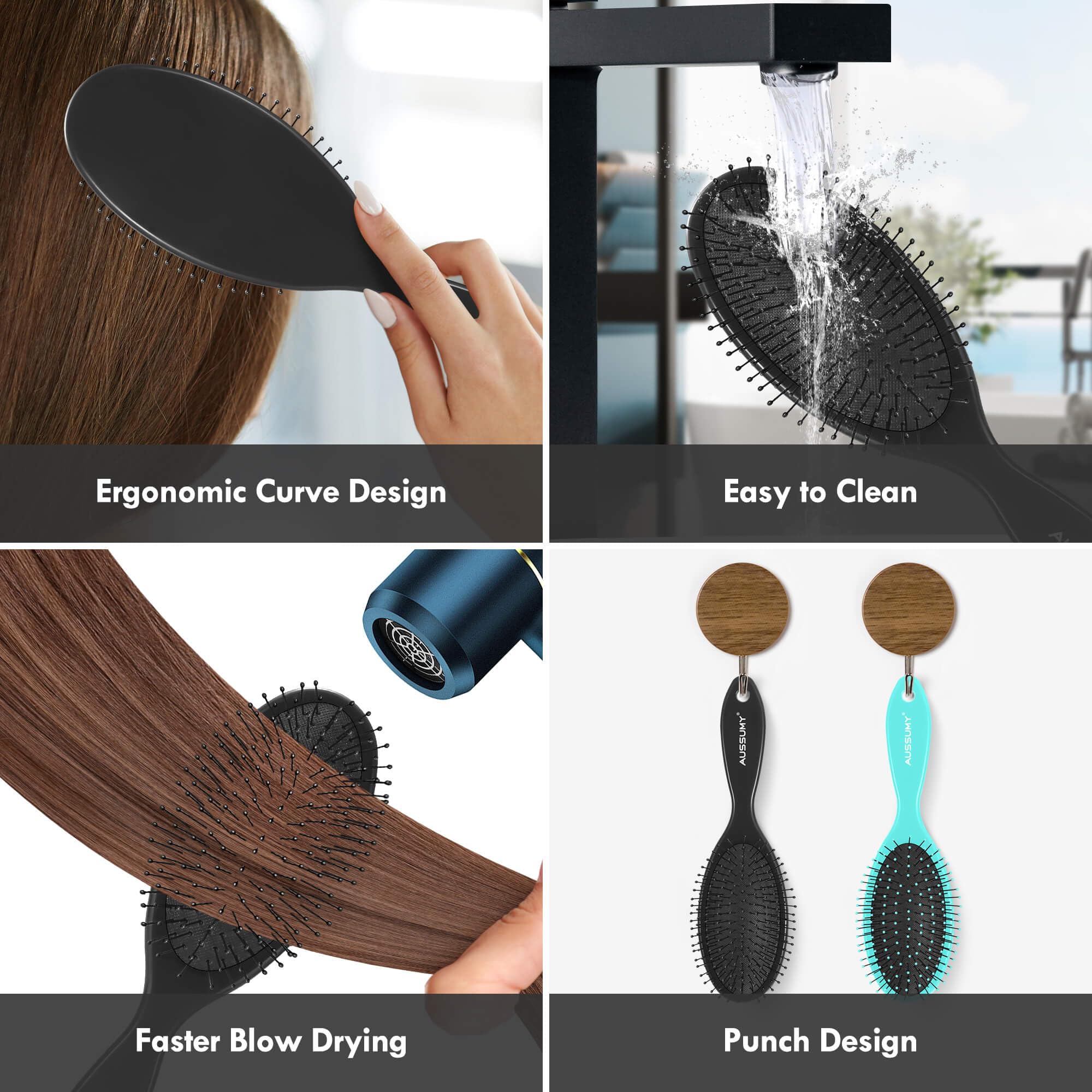 Aussumy brush with hanging hole design for easy storage after use.