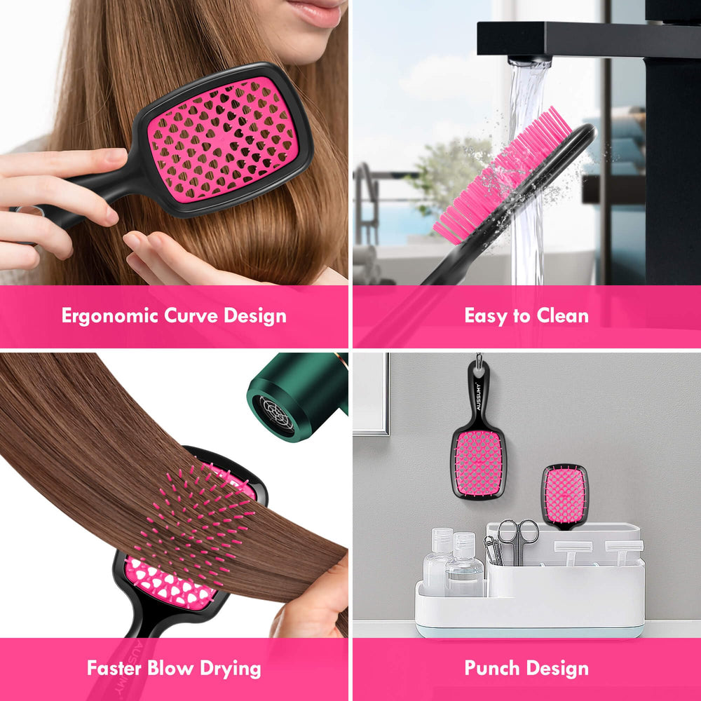 Aussumy pink detangler with ergonomic grip for comfortable brushing.