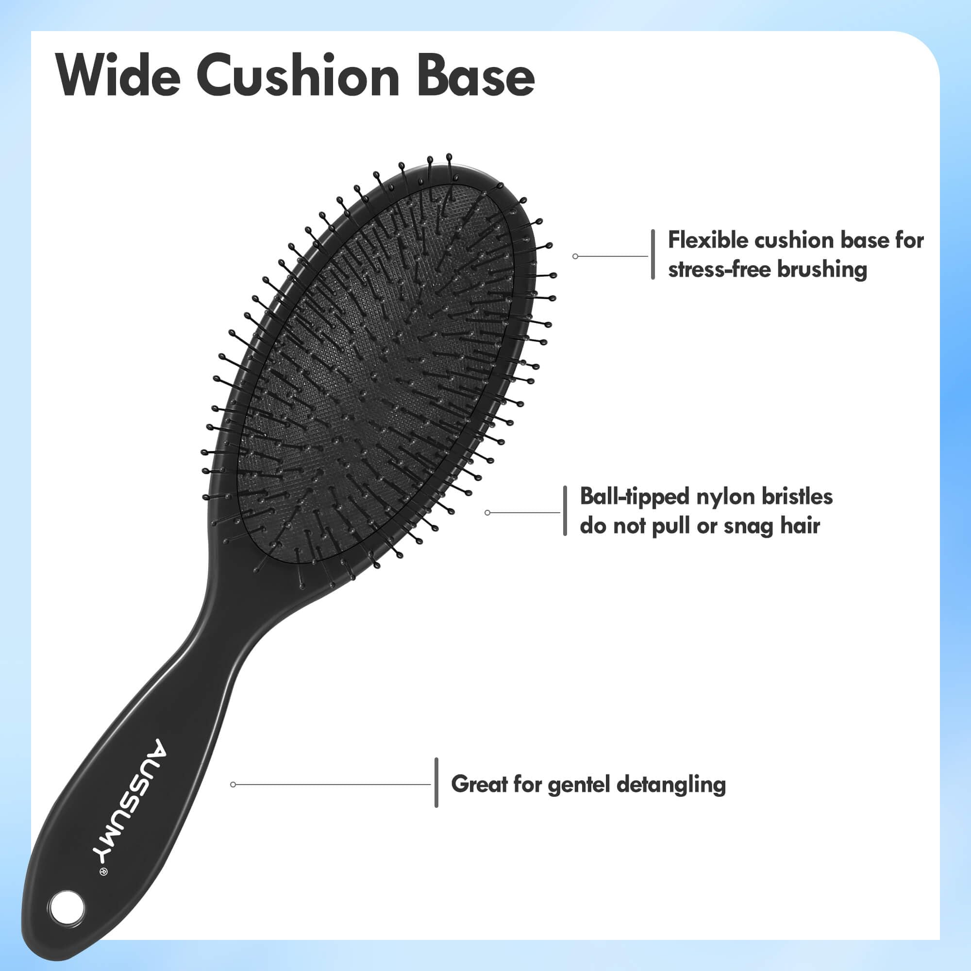 Aussumy ultra-soft bristles detangler brush with gentle scalp massage.