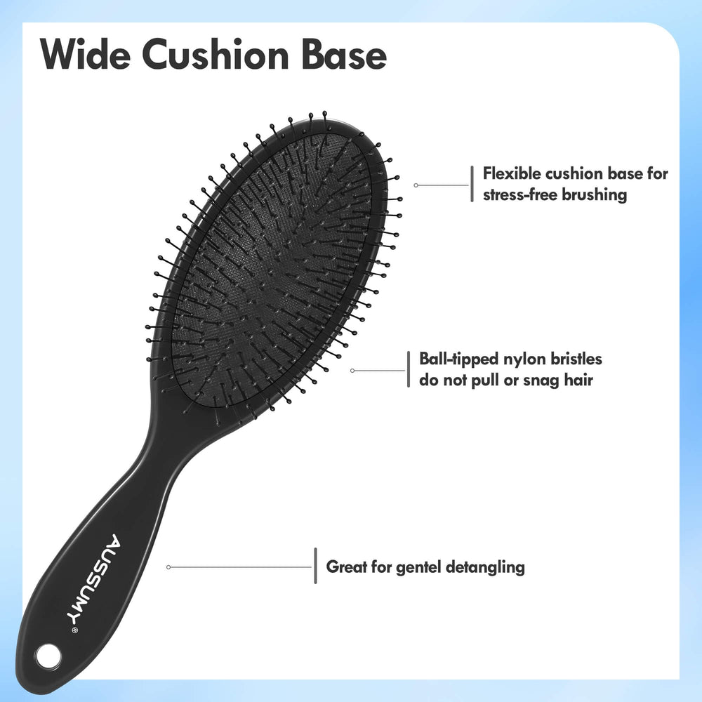 Aussumy ultra-soft bristles detangler brush with gentle scalp massage.
