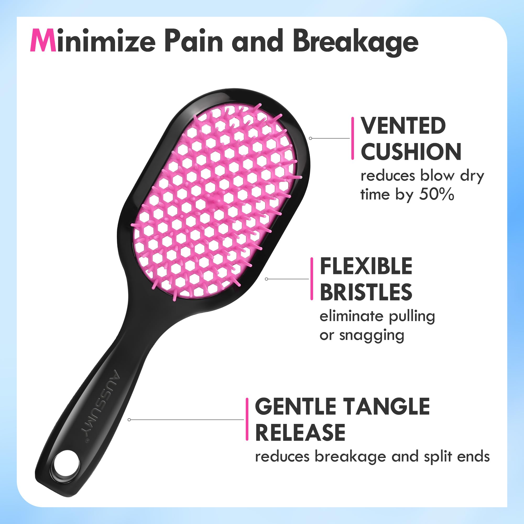 Aussumy hollow-design detangler promotes airflow to reduce frizz during styling.