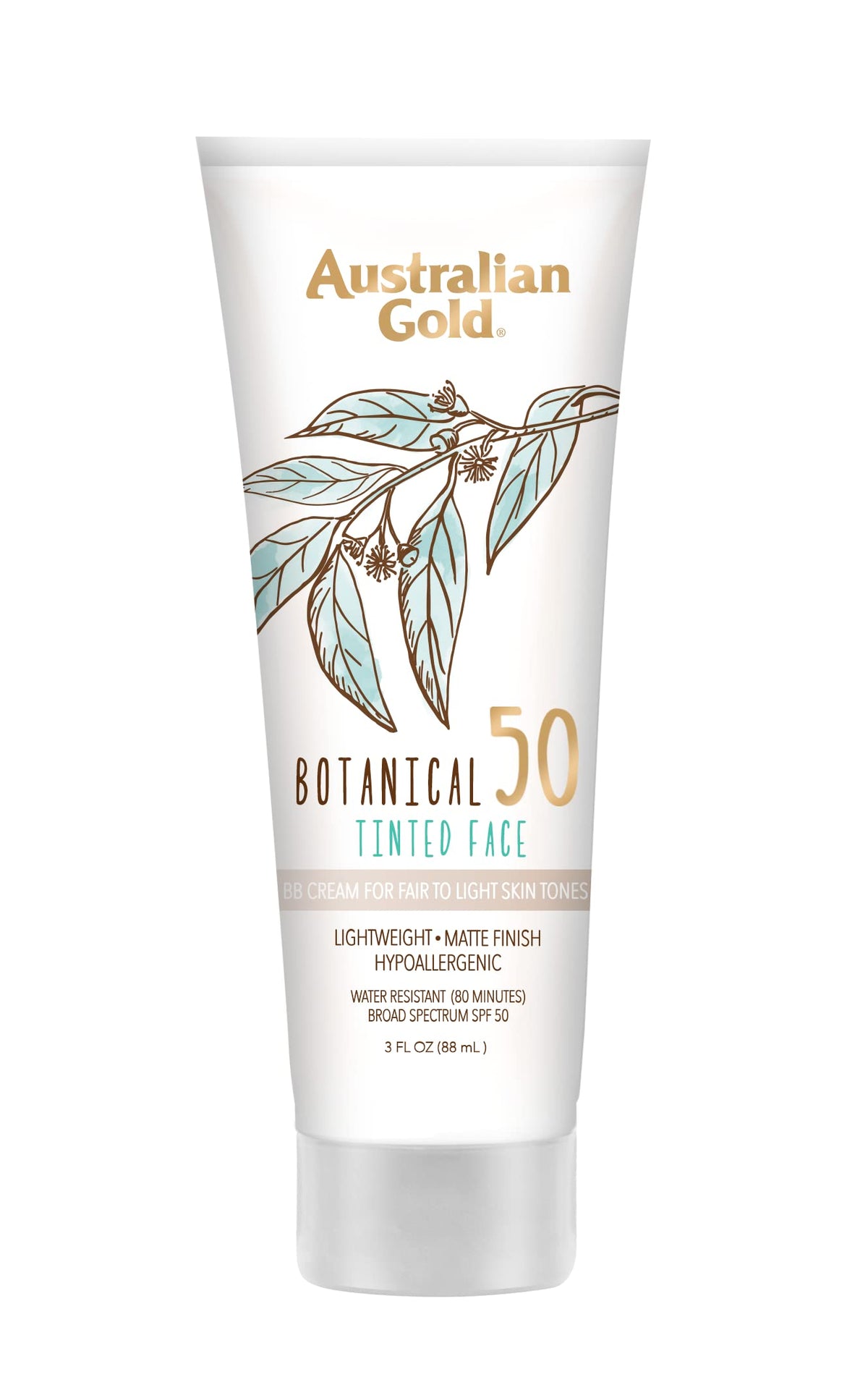Australian Gold Botanical SPF 50 tinted mineral lotion bottle with mineral sunscreen.