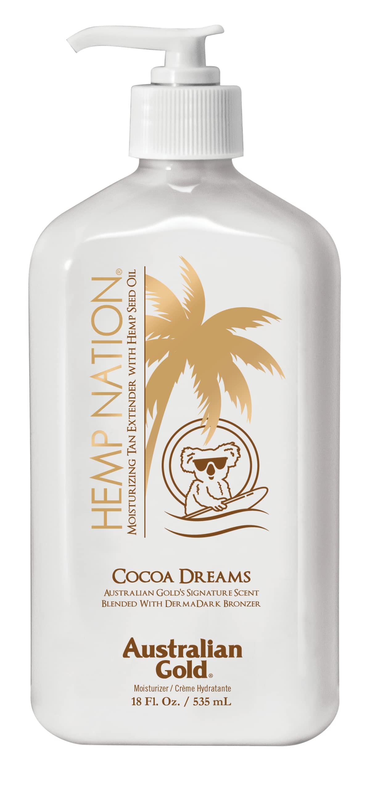 Australian Gold Hemp Nation Cocoa Dreams tan extender bottle showing hydrating hemp seed oil formula