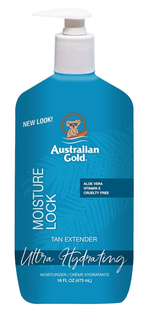 Australian Gold Moist Lock Tan Extender bottle side view highlighting hydration benefits.