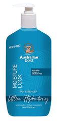 Australian Gold Moist Lock Tan Extender bottle side view highlighting hydration benefits.