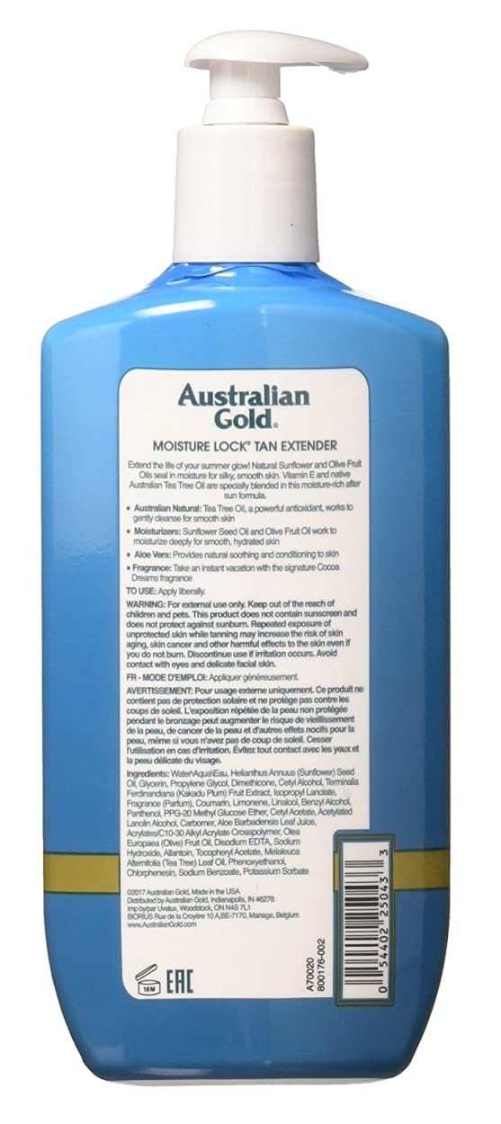Australian Gold Moist Lock Tan Extender label close-up showing natural extracts.