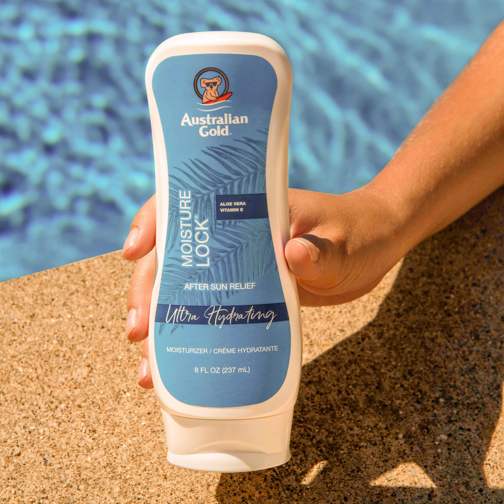 Australian Gold Moisture Lock Tan Extender with sunflower oil highlights natural moisture.