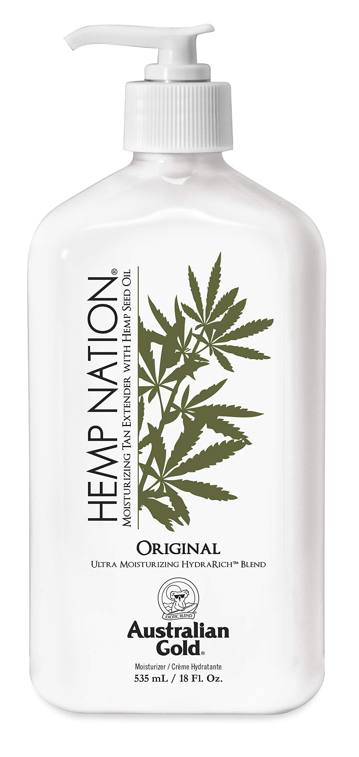 Loción extensor de bronceado Australian Gold Original Hemp Nation para hidratación duradera.