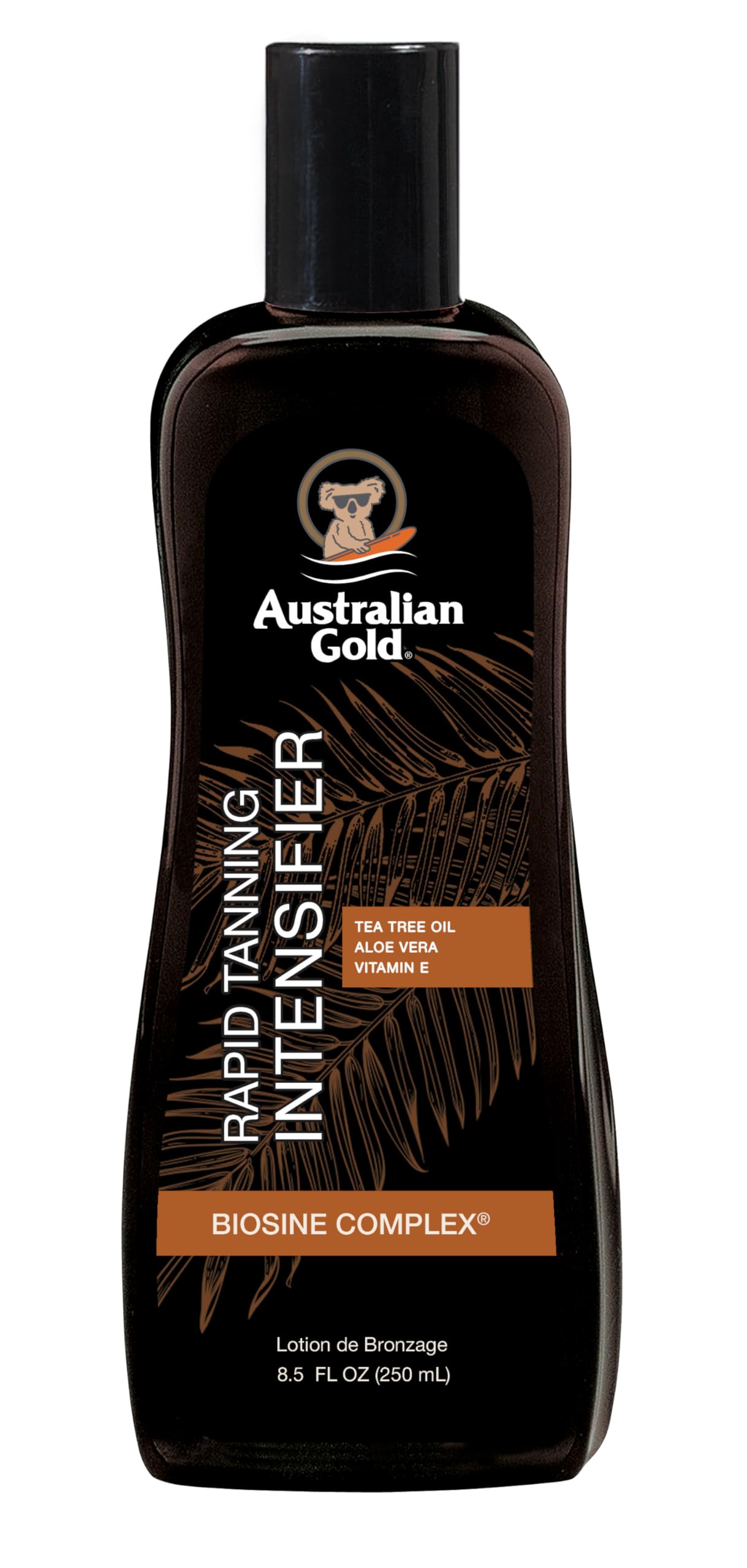 Australian Gold, loción intensificadora de bronceado, botella dorada para tono más rápido.