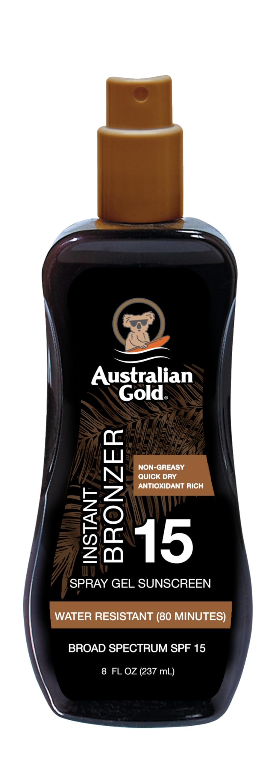 Australian Gold Spray Gel protección solar SPF 15, aplicación rápida y ligera.