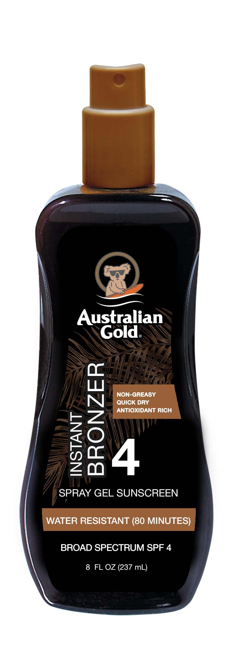 Australian Gold spray gel SPF4 bronceado instantáneo y hidratación suave.