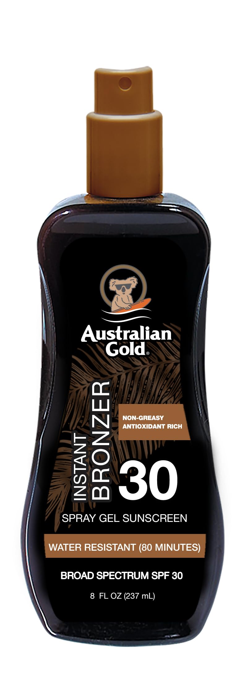 Australian Gold spray gel sunscreen bottle for easy, even coverage.