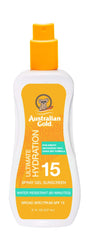 Australian Gold Spray Gel Sunscreen shows pump application for fast, even coverage.