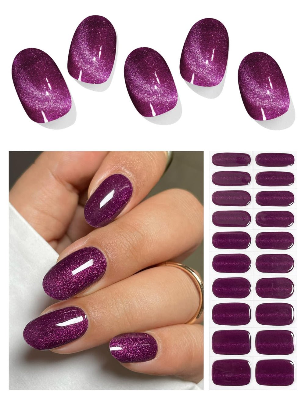 AutyaMee tiras gel Deep Plum Cat Eye, 20 unidades para manicura profesional