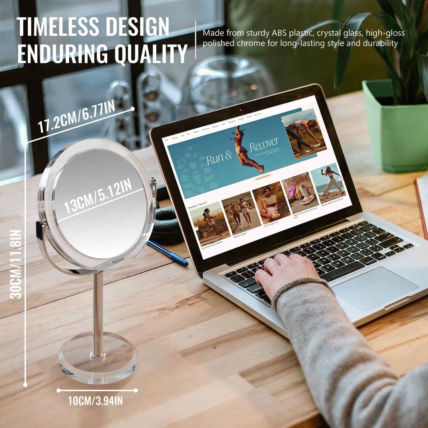 Auxmir 360° rotation tabletop mirror with adjustable viewing angles.
