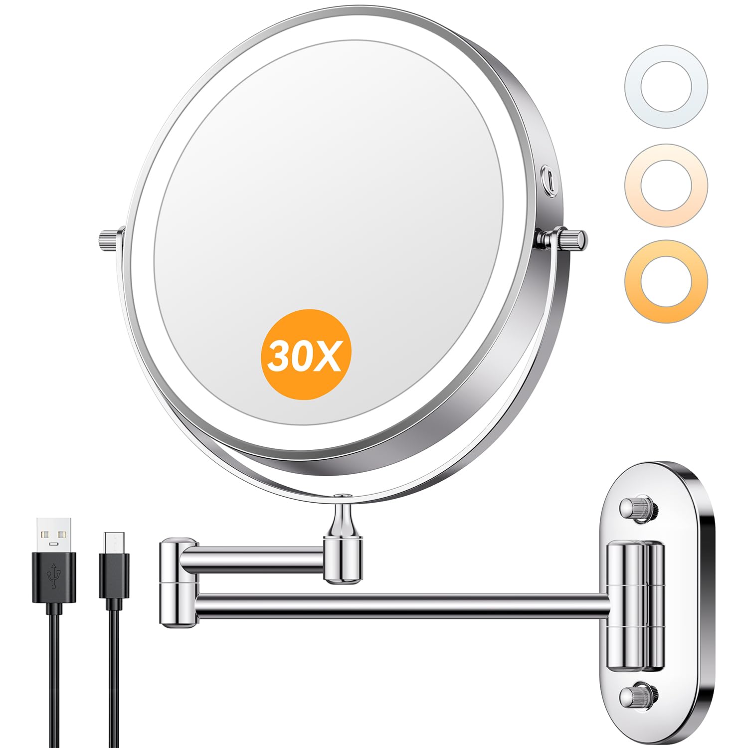 Auxmir 8-inch wall-mounted lighted makeup mirror with 1X/30X magnification for detail.