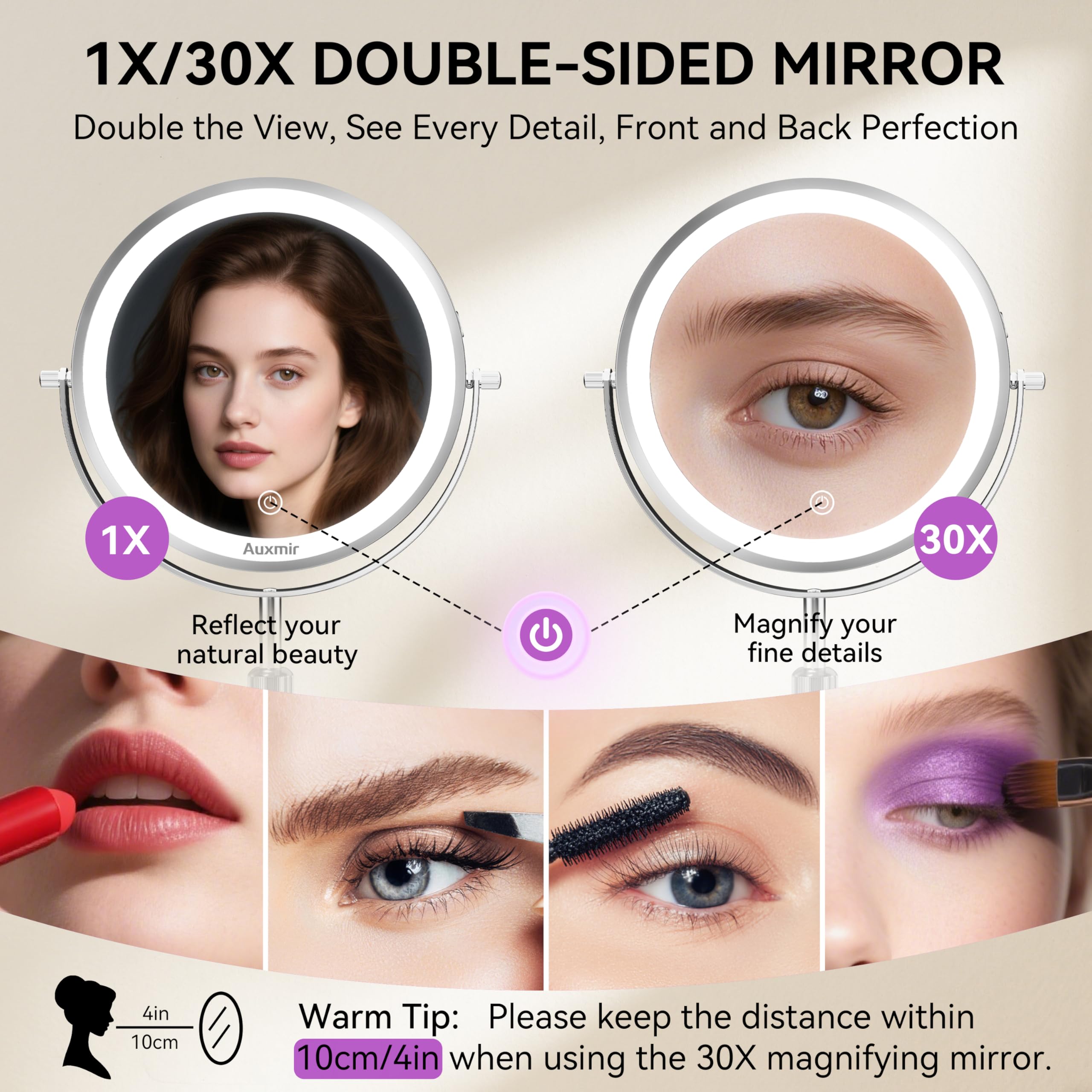 Auxmir 9-inch mirror front view with 360-degree rotation for versatile angles.