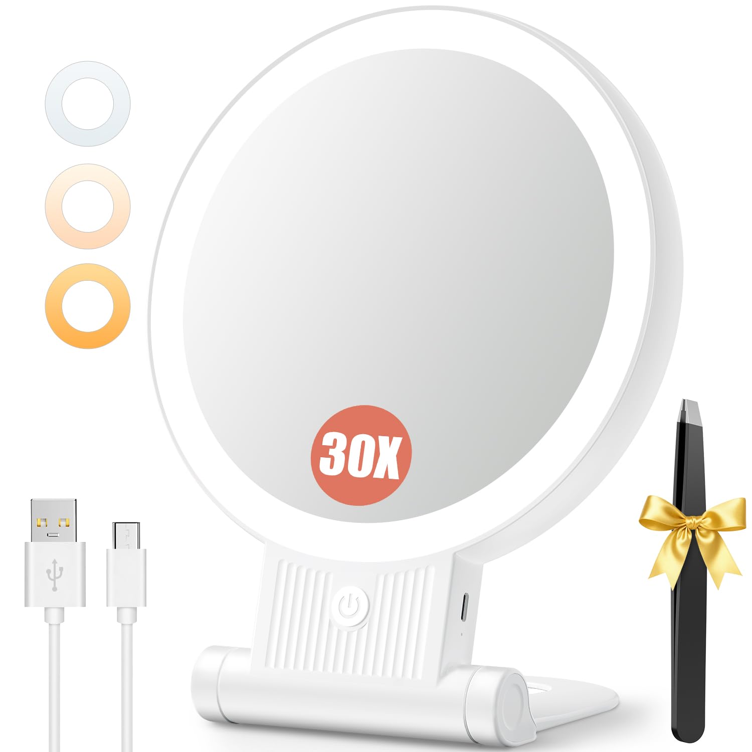 Auxmir double-sided mirror showing 1x and 30x views for everyday makeup detail.