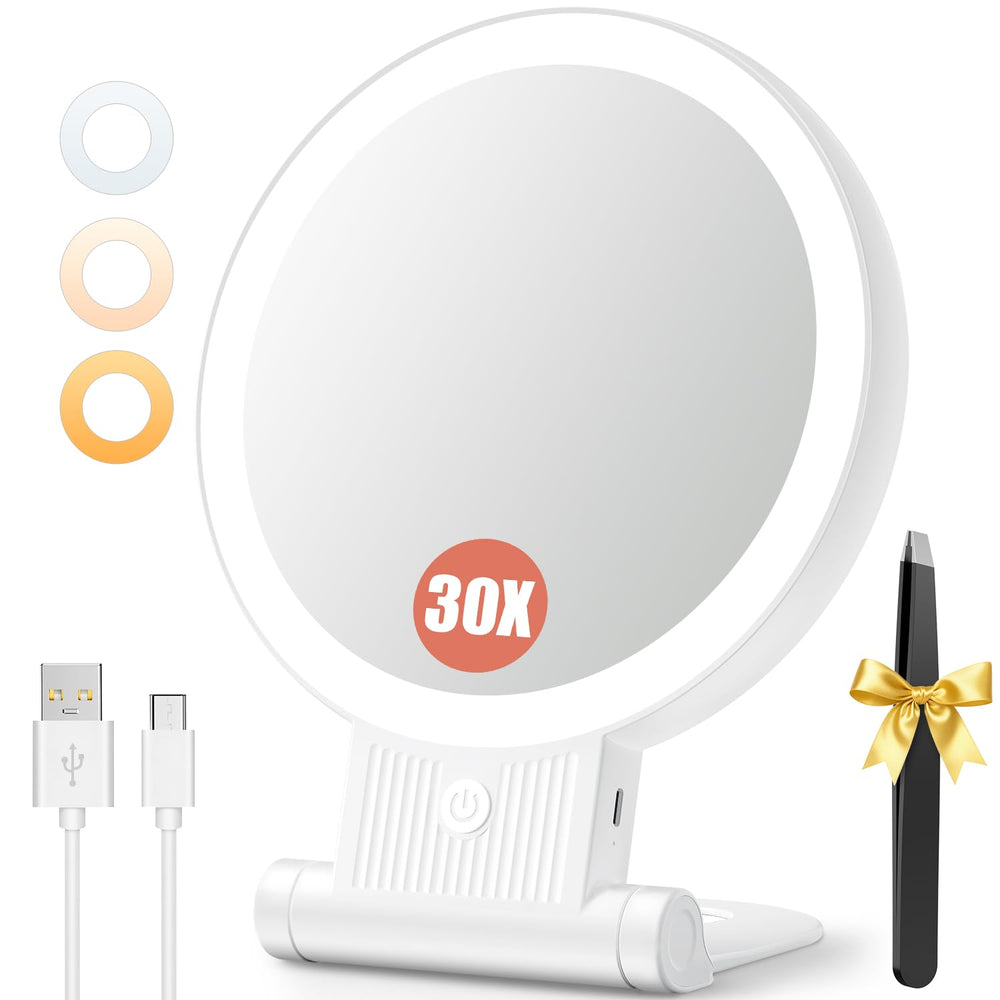 Auxmir double-sided mirror showing 1x and 30x views for everyday makeup detail.