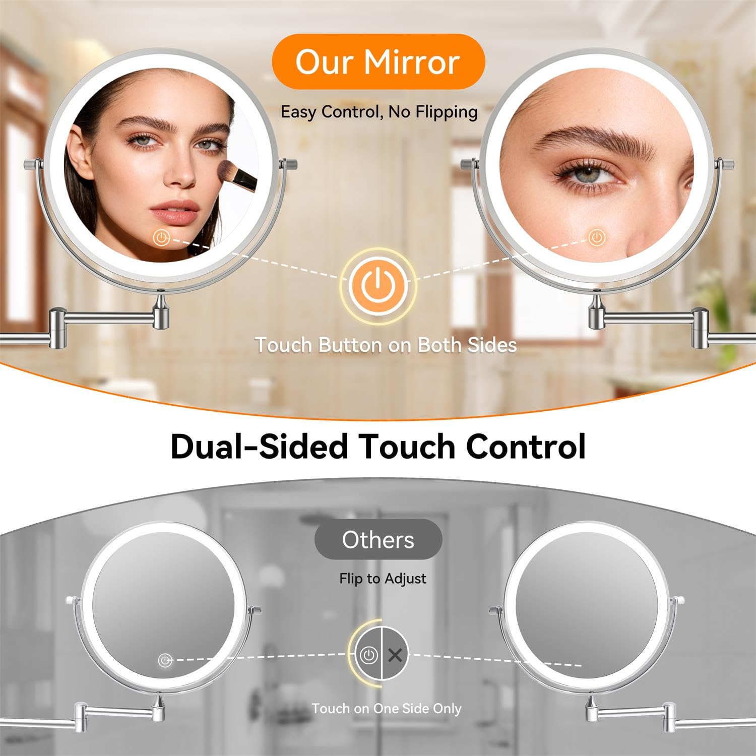 Auxmir extendable arm lets you fold the mirror against the wall when not in use.