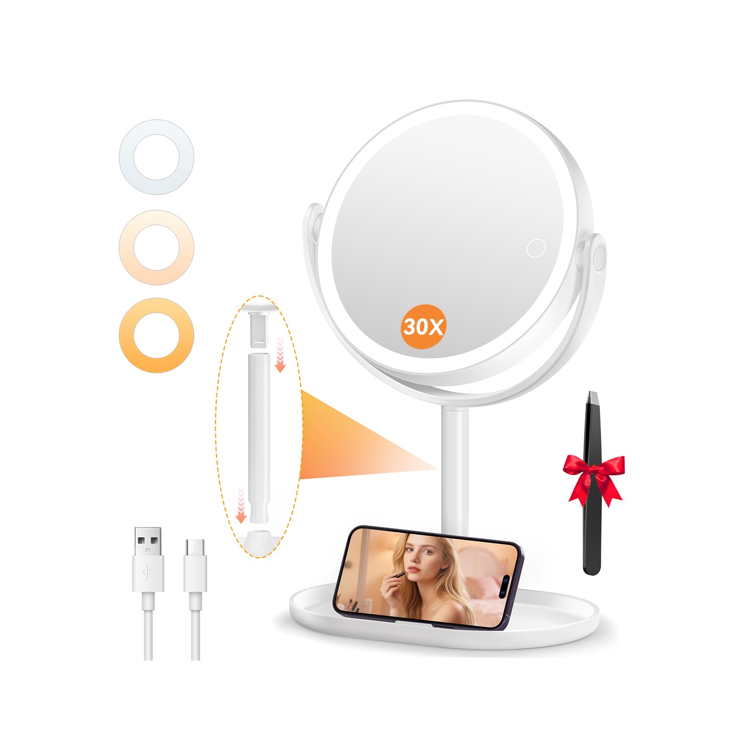 Auxmir makeup mirror with lights, double-sided 30X and 1X for precise makeup