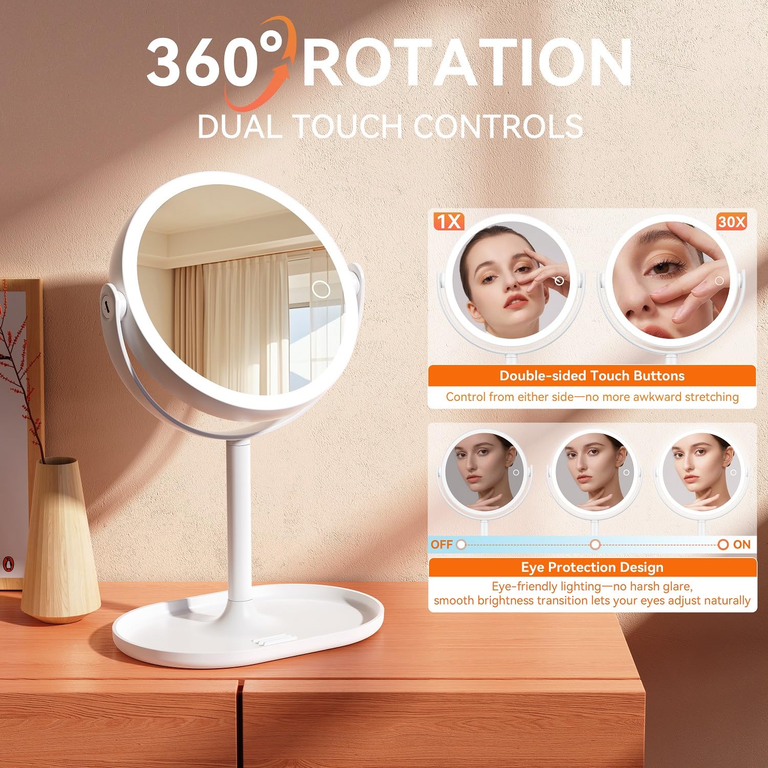 Auxmir makeup mirror includes Type-C rechargeable battery for cordless use