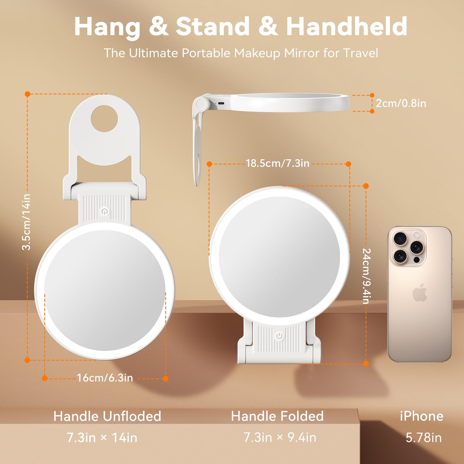Auxmir portable travel mirror with sleek white shell fits in bags.