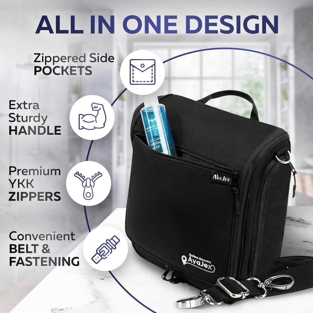AvaJex hanging bag with detachable shoulder strap for comfortable carrying on trips.