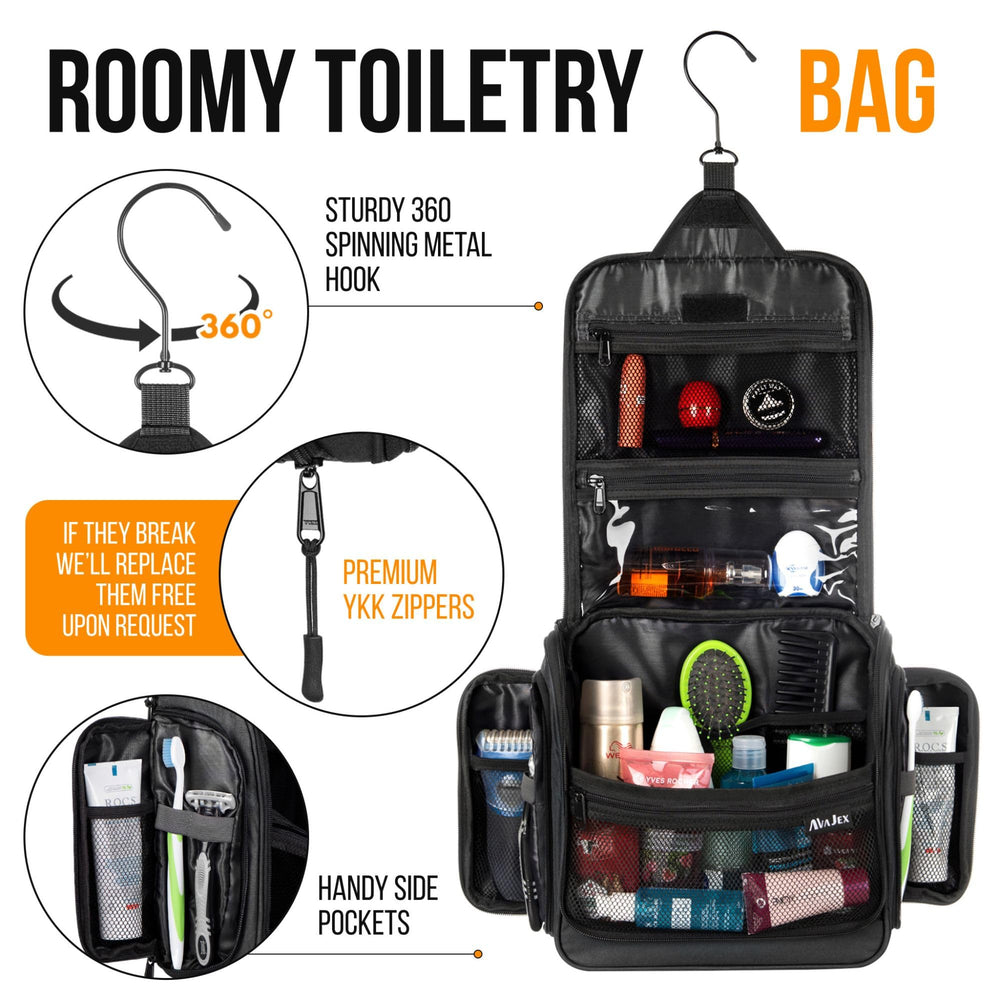 AvaJex travel toiletry bag 19 compartments organize cosmetics efficiently.